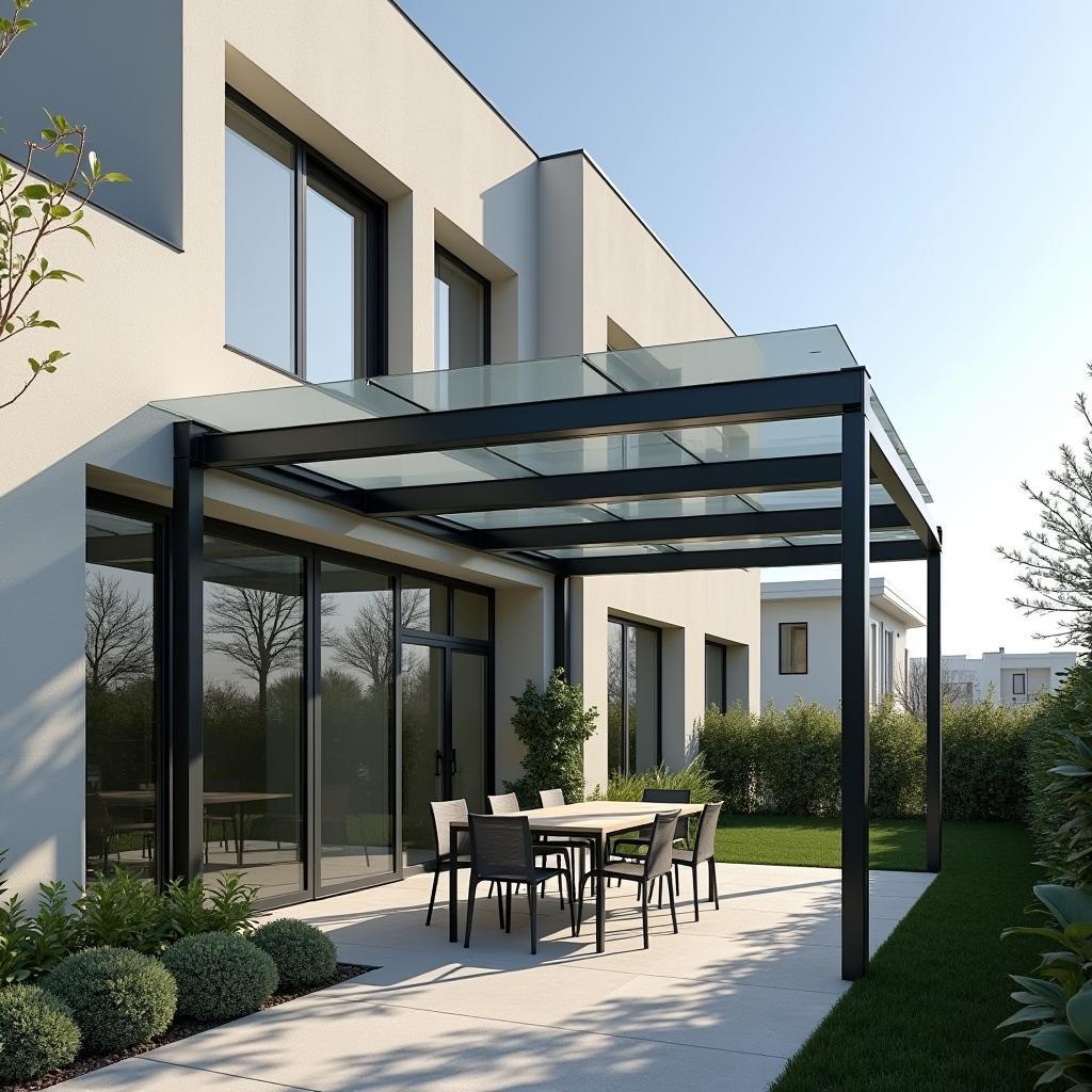 Mẫu mái che sân trước nhà phố hiện đại sử dụng vật liệu kính hoặc tấm poly khung sắt
